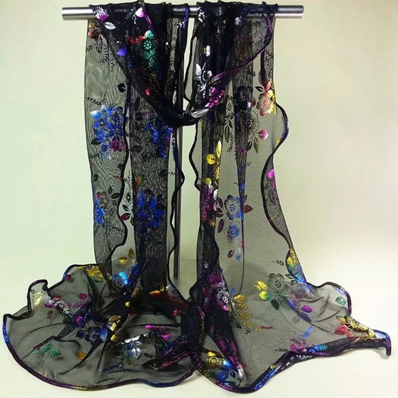 Accessories - New! Floral Metallic Chiffon Scarf